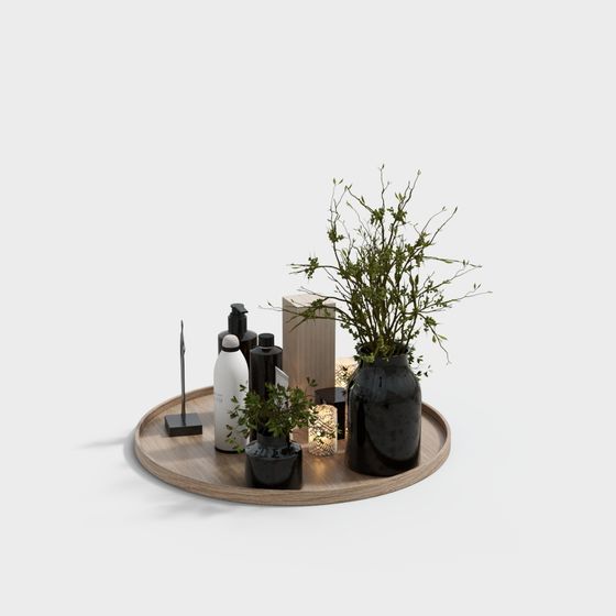 Wooden Tray and Decorative Items Collection 3D model