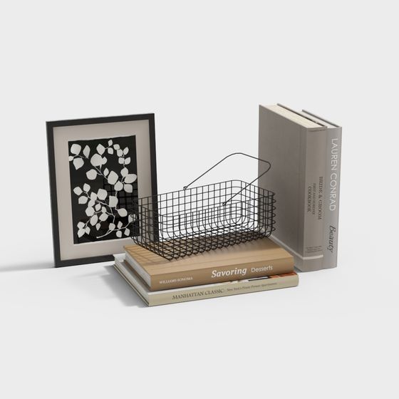 Black wire basket with books and black framed art print on white background