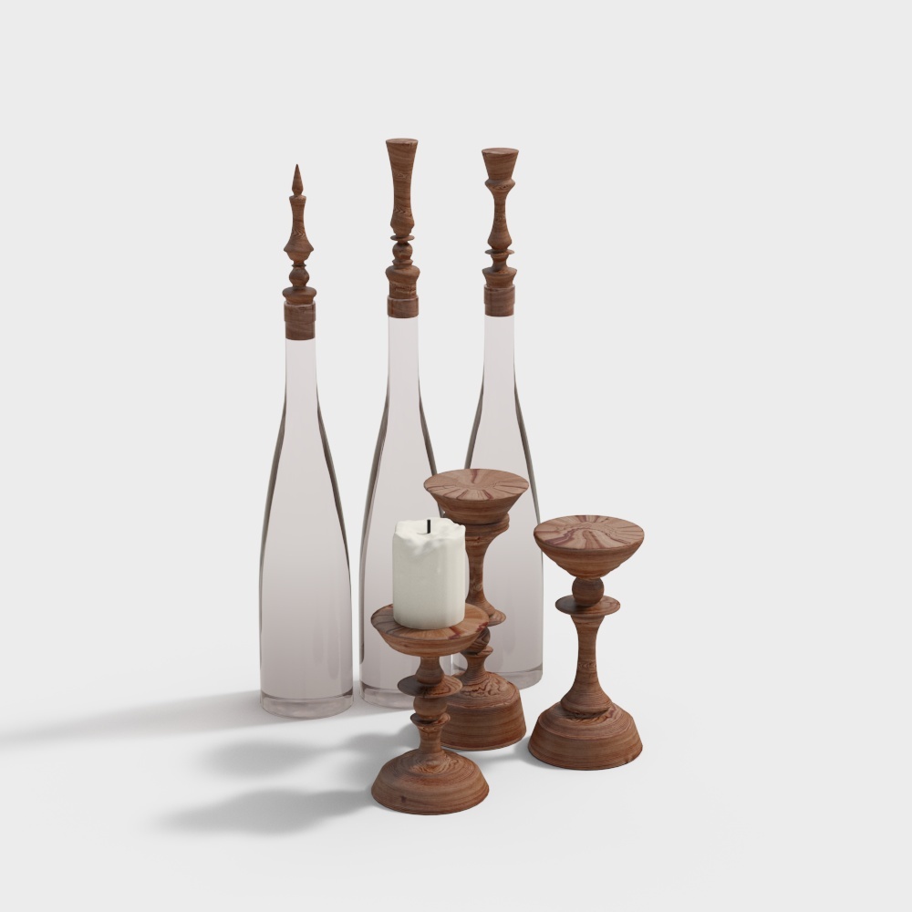 Vintage Candlestick and Glass Bottles 3D Model – Retro Decor