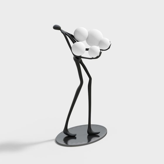 Modern black metal figure light fixture holding five white round bulbs on grey background