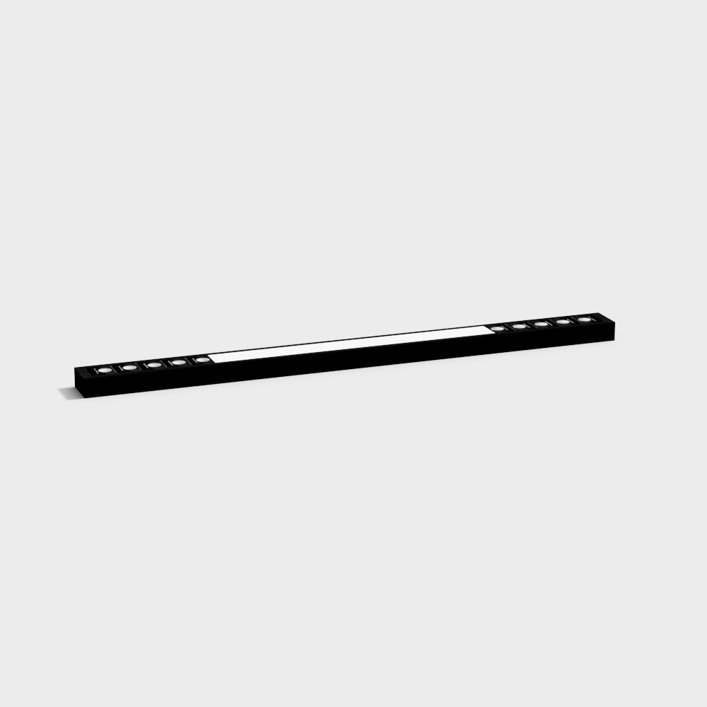Modern black linear ceiling light fixture with white center panel and small round bulbs on grey background