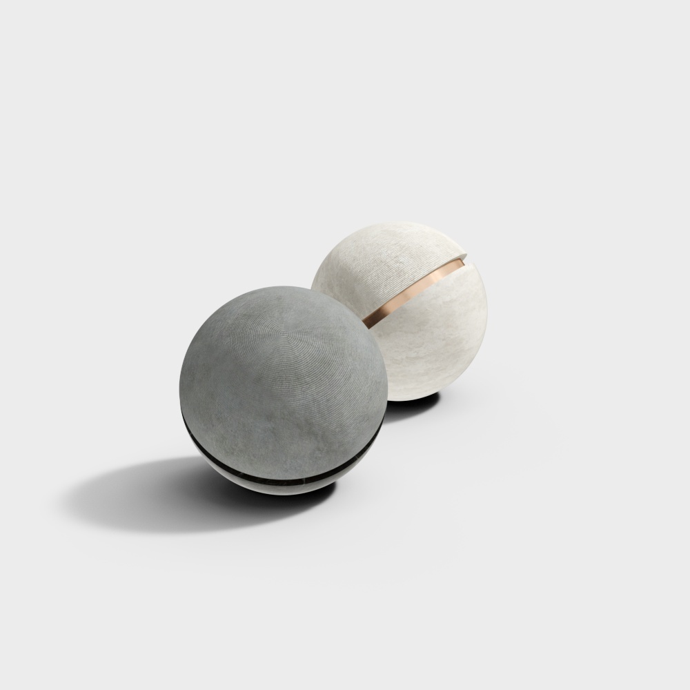 Two round fabric speakers in grey and beige with metal bands on white background