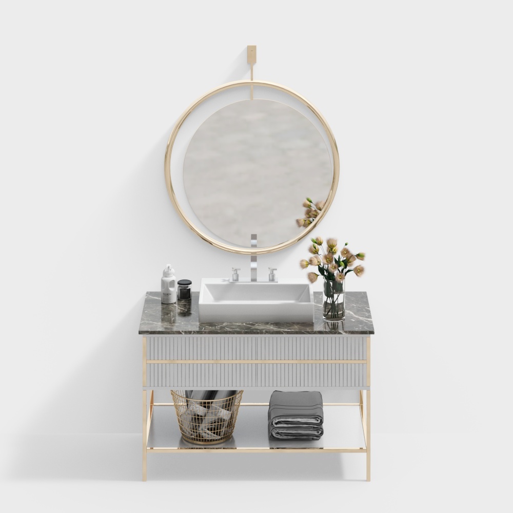 Elegant Bathroom Cabinet 3D Model – Gold & Marble Style