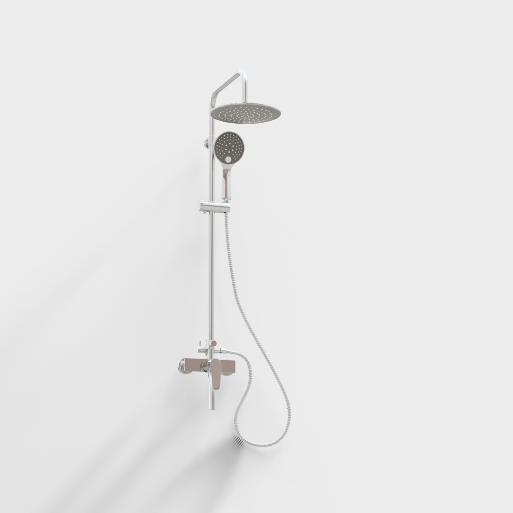 Modern chrome shower system with round rain head and handheld sprayer on white background
