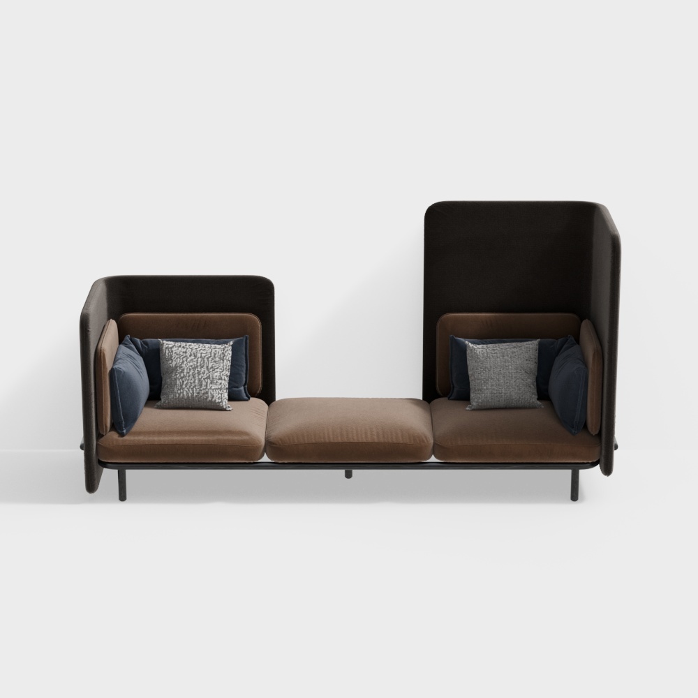 Modern modular sofa with brown fabric seats and high backrests on white background