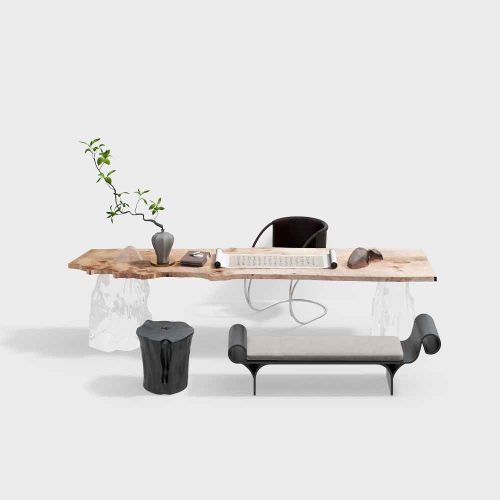 Nature-Inspired Workbench 3D Model – Wood & Glass Design
