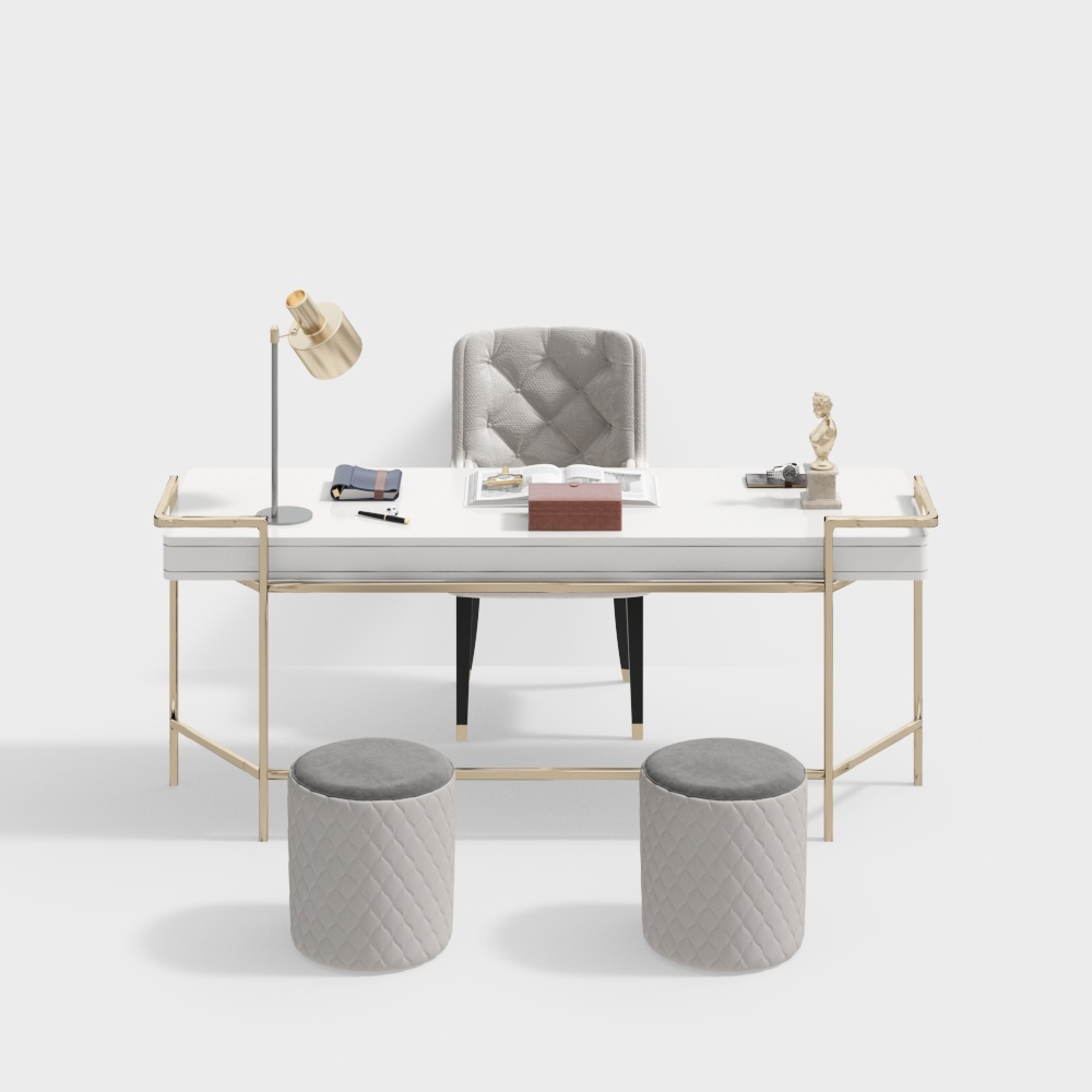 Modern white desk with gold frame grey chair two stools on white background