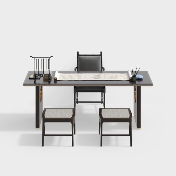 Elegant Low-Poly Eastern Aesthetic Desk Set 3D model