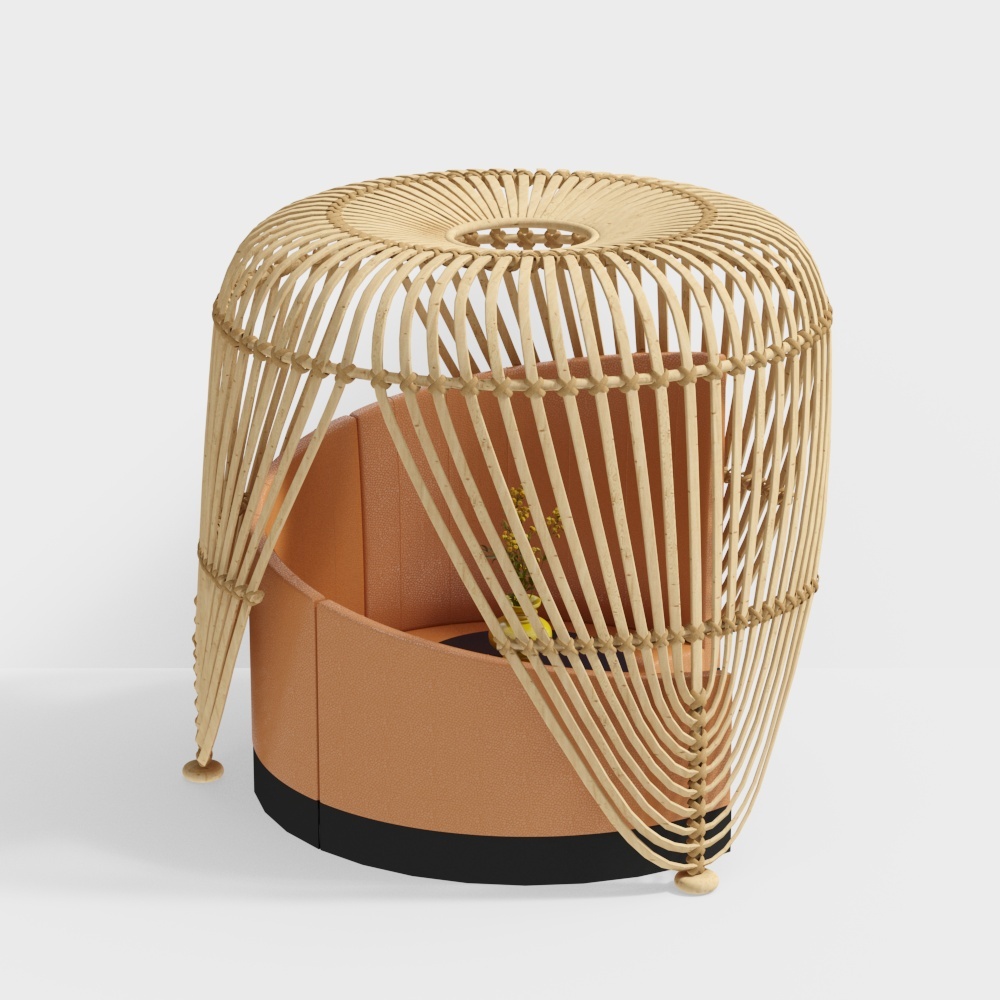 Modern round footrest with tan leather seat and natural bamboo cage frame on white background