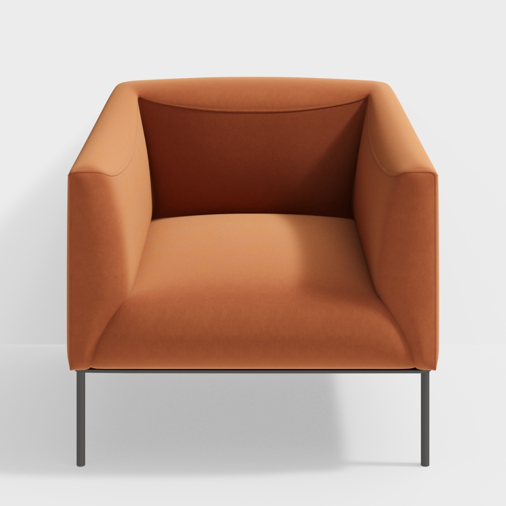Modern orange fabric armchair with thin black metal legs on white background