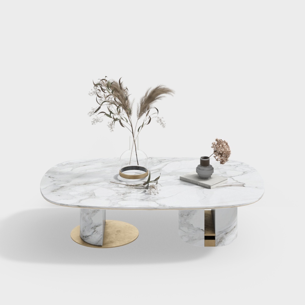 Elegant Marble Round Table 3D Model – White Marble & Gold Base