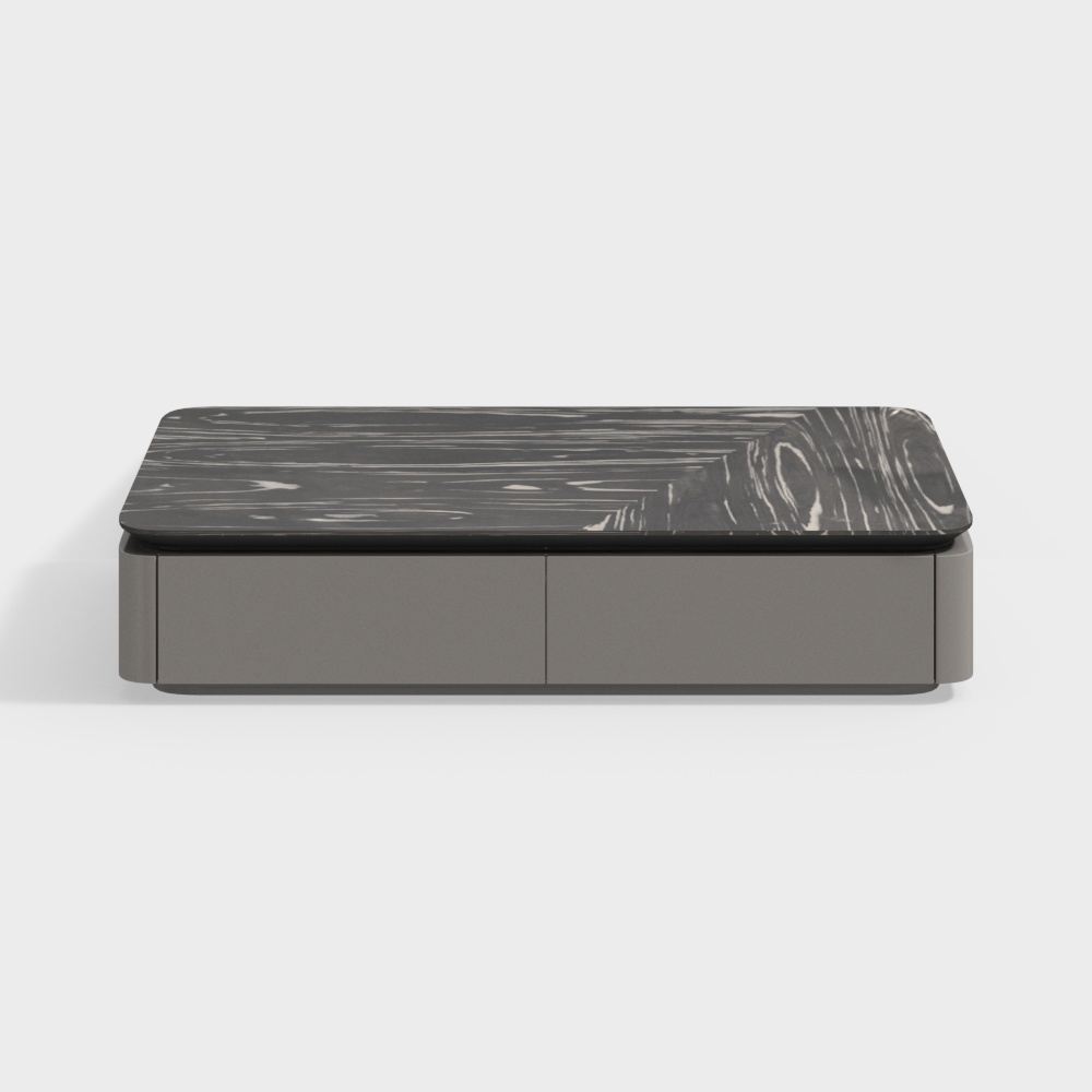 Modern grey coffee table with black marble top and two drawers on white background