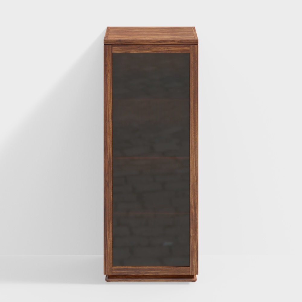 Tall dark wood display cabinet with glass door and three shelves on white background