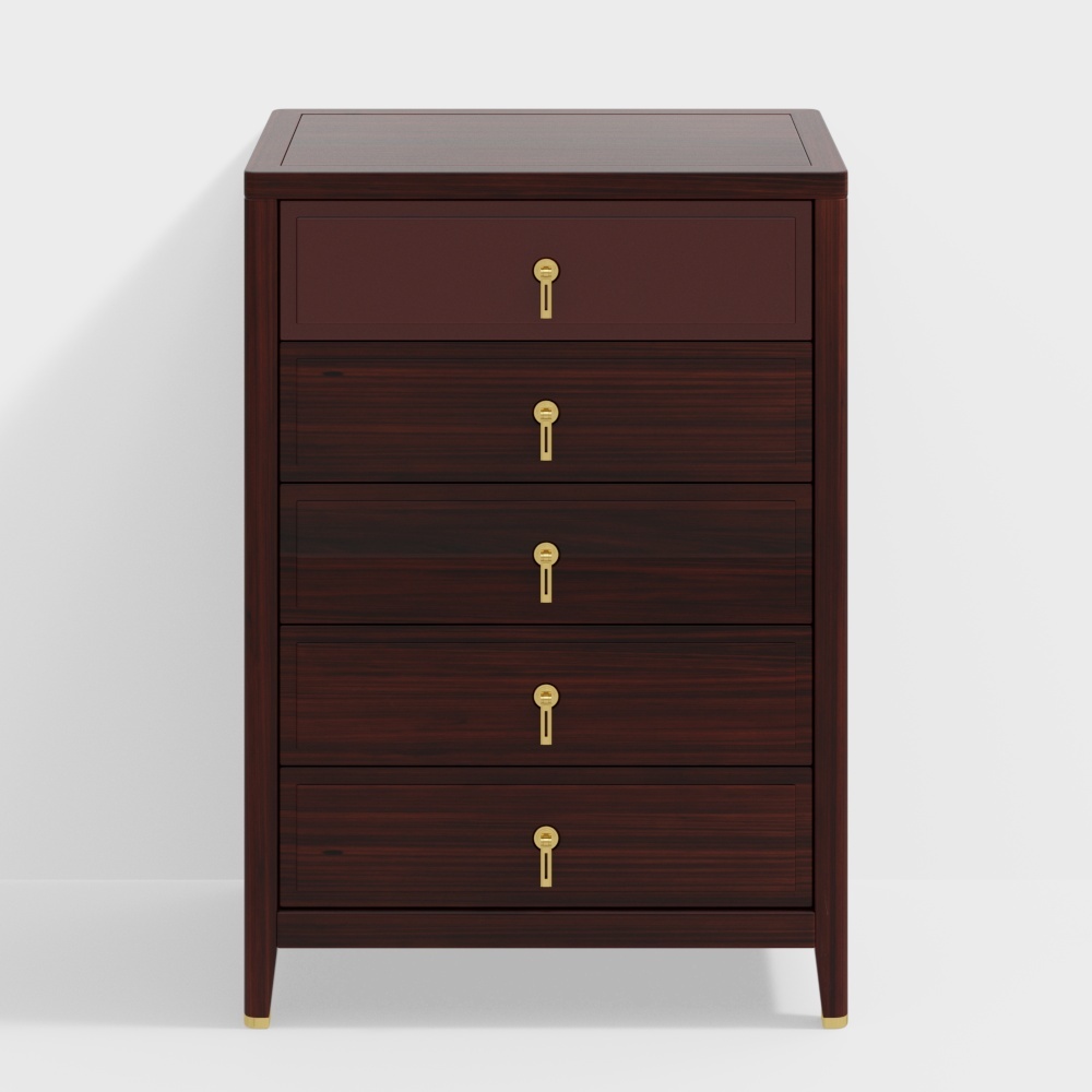 Dark brown wooden chest of drawers with gold handles and legs on white background