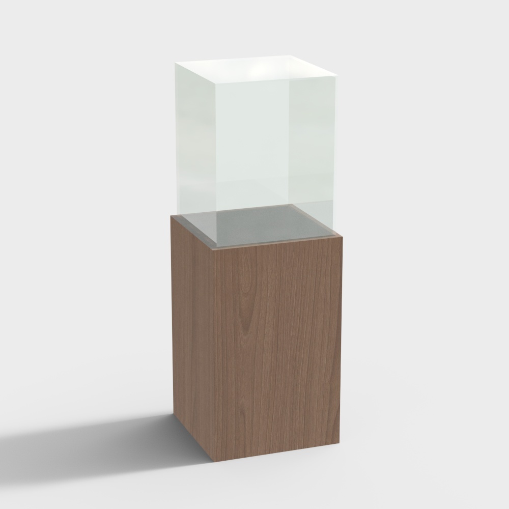 Modern tall wooden display cabinet with clear glass top case on white background