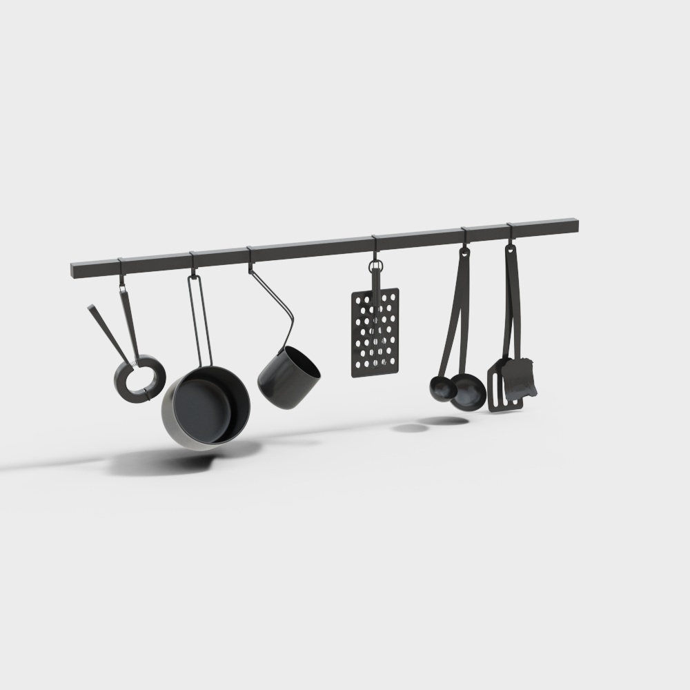 Minimalist Hanging Kitchen Tools 3D Model – Gray Metal Set