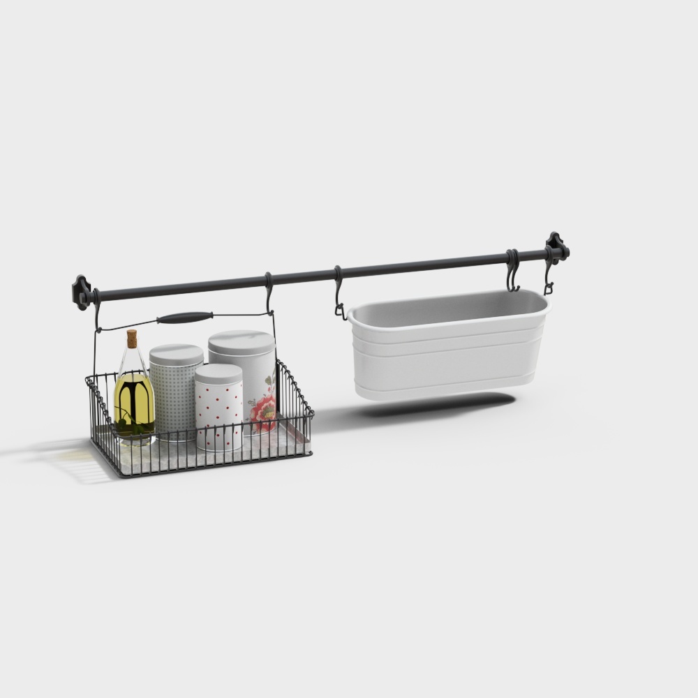 Stylish Hanging Storage Rack 3D Model – Black Metal & Ceramic