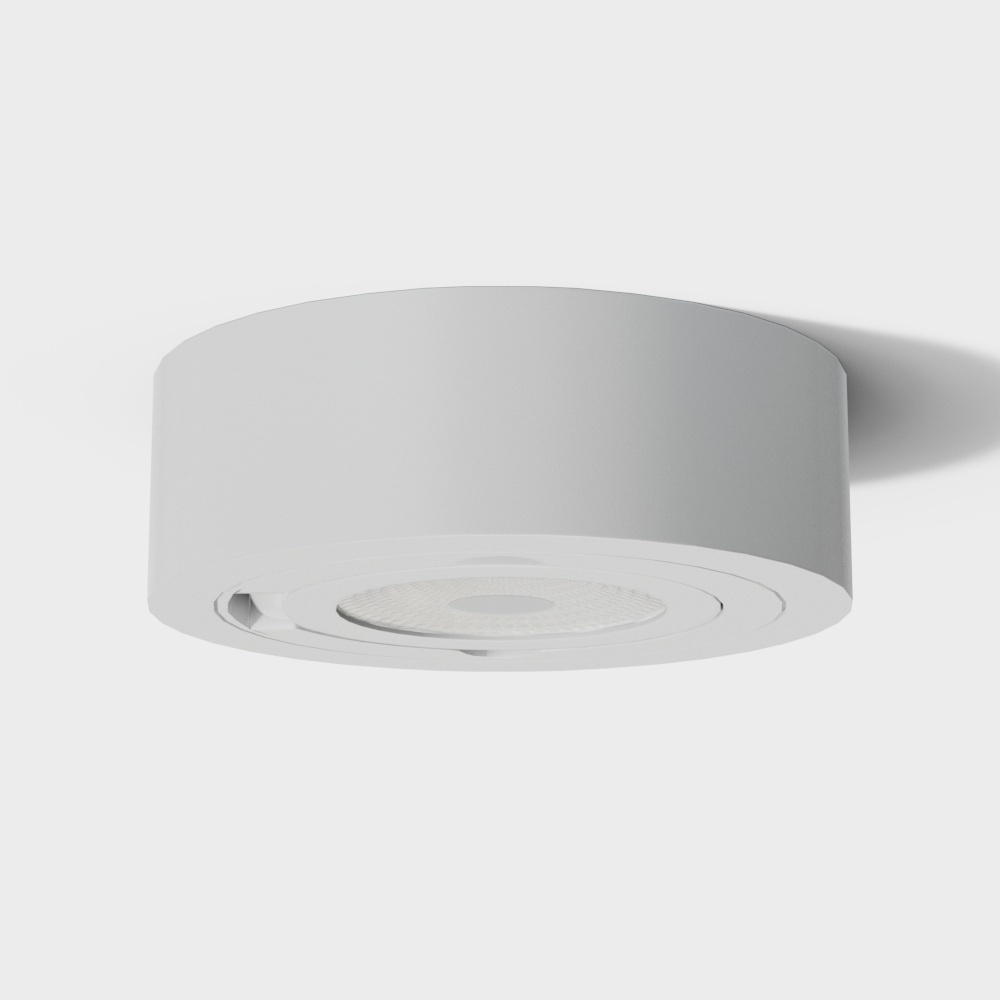 Modern white round ceiling light with adjustable trim on white background