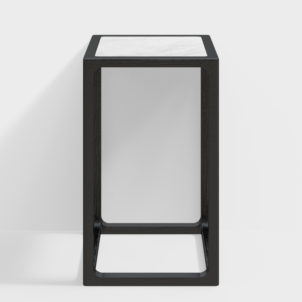 Modern black wood side table with white marble top and open base on grey background