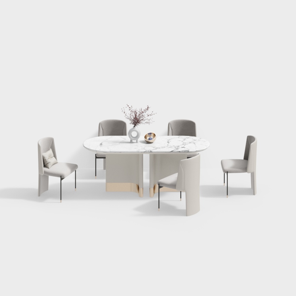 Elegant Dining Table Set 3D Model – Marble & Gold Design