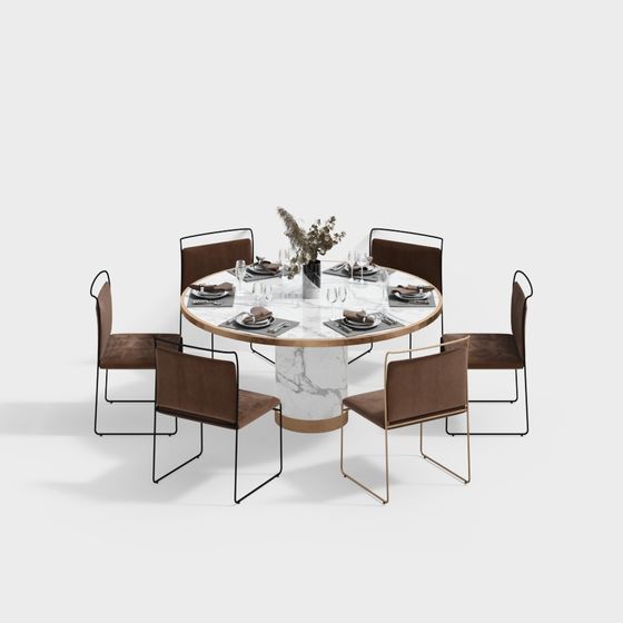 Round Table with Six Chairs 3D model