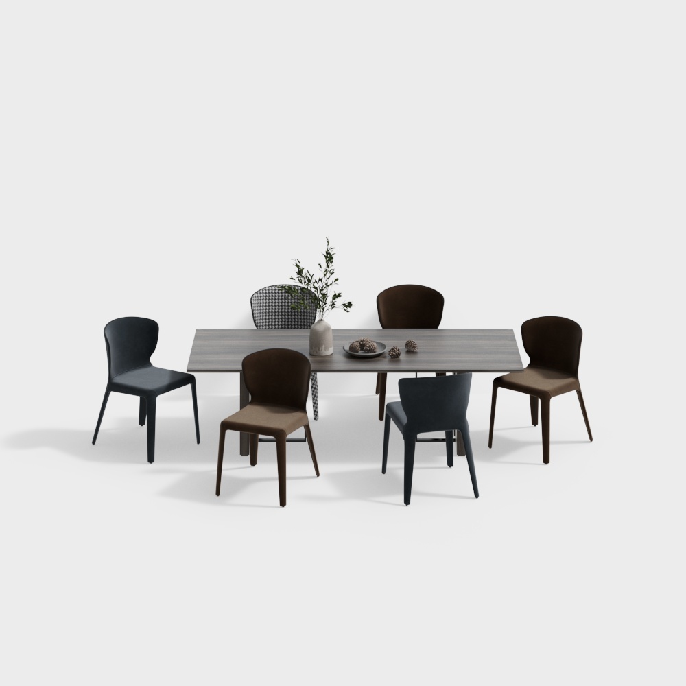 Urban Dining Table and Chair Set – Low-Poly Wood & Leather