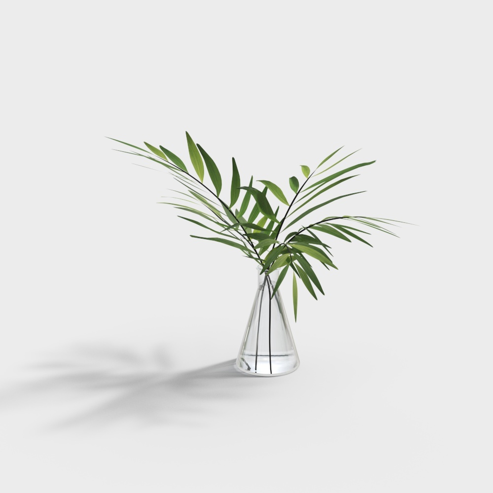 Clear glass vase with green palm leaves on light grey background
