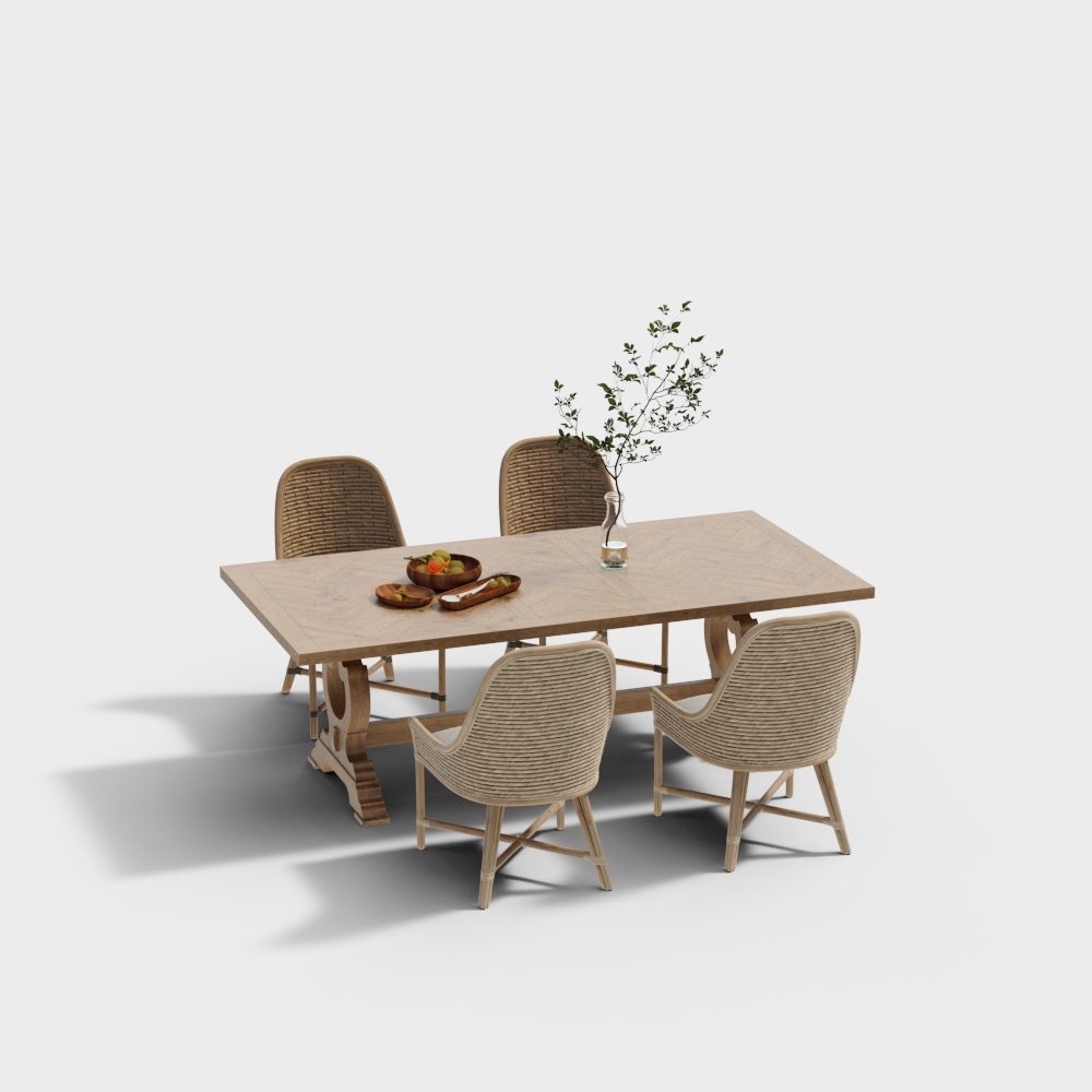 Wooden Dining Table and Rattan Chair Set – Low-Poly 3D Model
