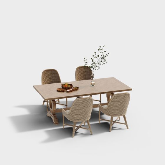 Wooden Dining Table and Rattan Chair Set 3D model