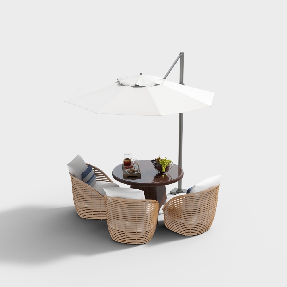 Outdoor rattan furniture set with round table and white umbrella on grey background