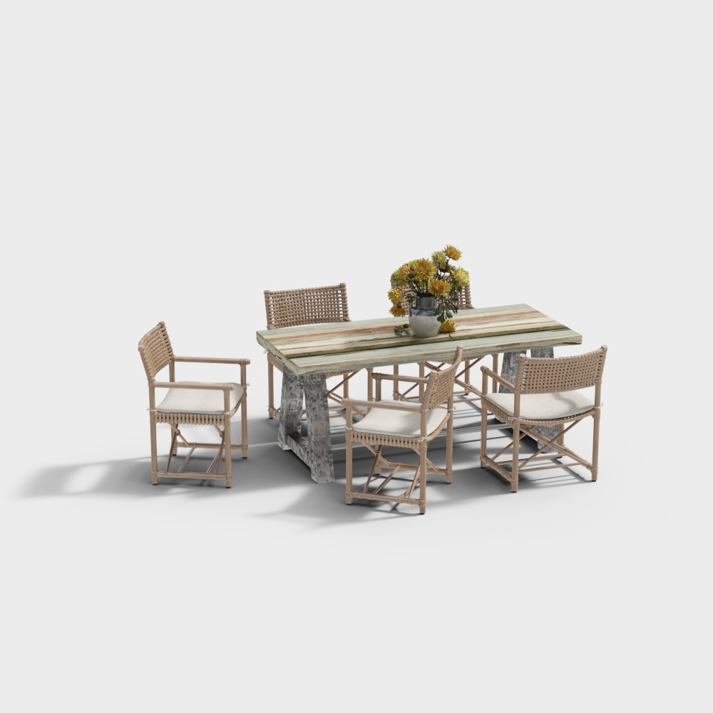 Elegant Outdoor Furniture Set 3D Model – Wood & Stone Design