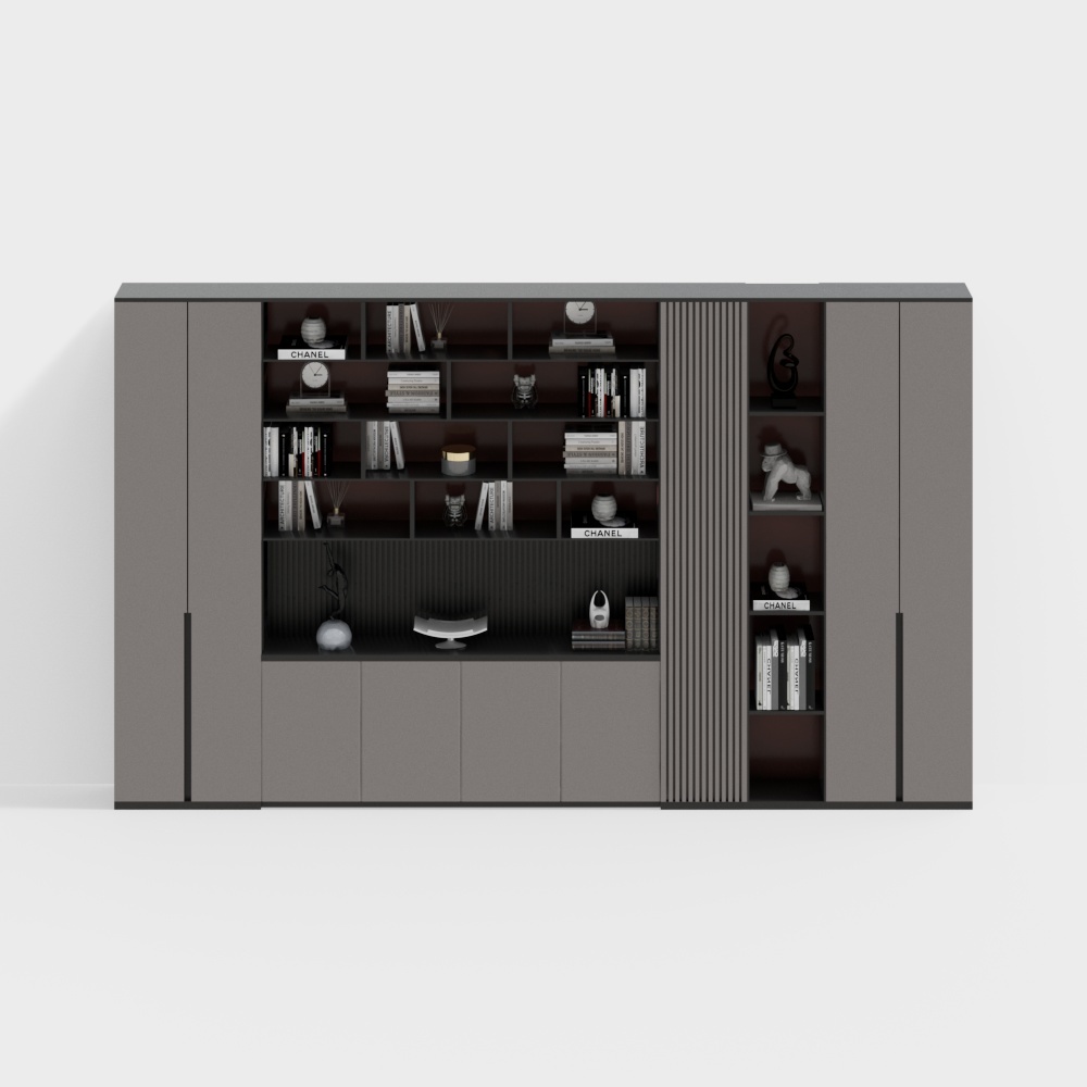 Modern dark grey wall unit with open shelves and closed storage cabinets on white background