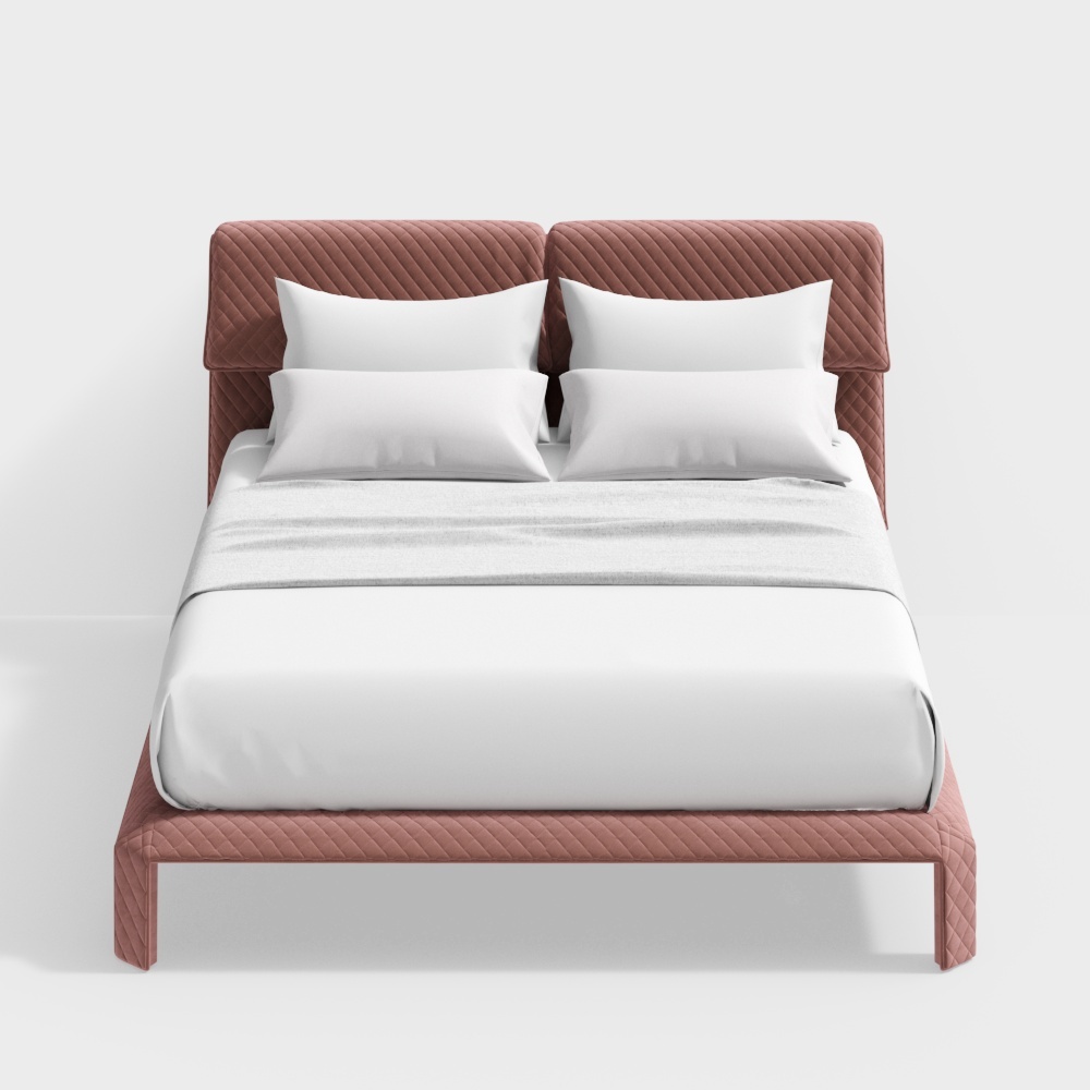 Modern king size bed with dusty pink quilted fabric headboard and white bedding on white background