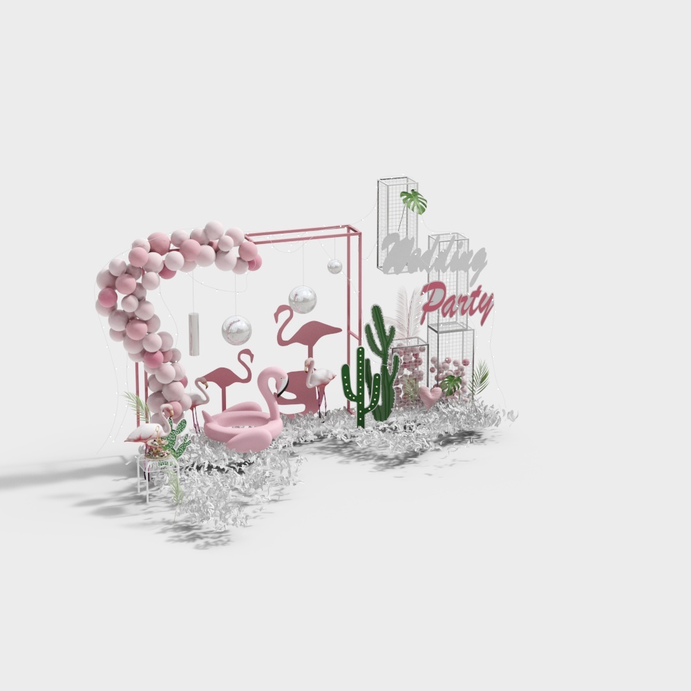 Wedding party decoration with pink balloons flamingos and cactus on a white background