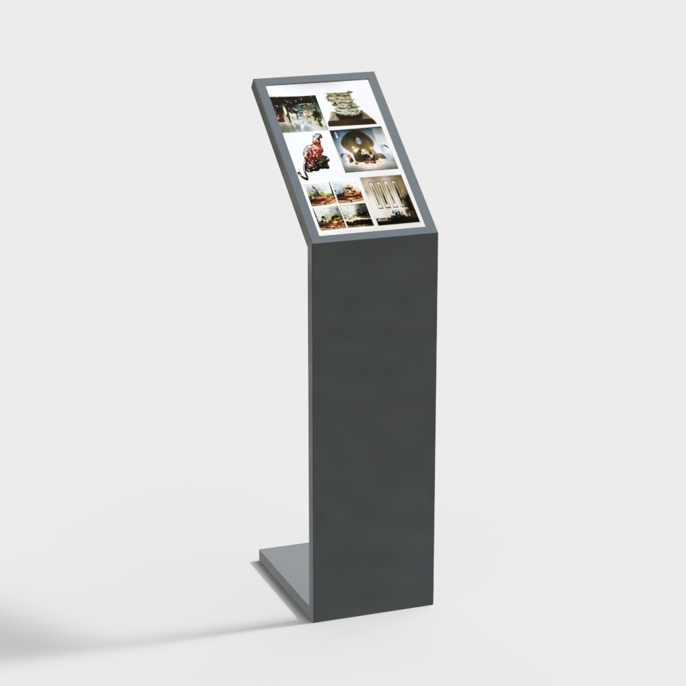 Modern dark grey digital display stand with angled screen on white background