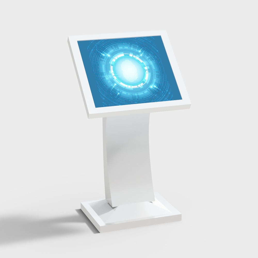 Modern white digital kiosk with blue touch screen display and curved stand on light grey background