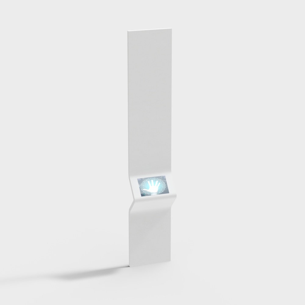Modern white kiosk with glowing blue hand scanner screen on grey background
