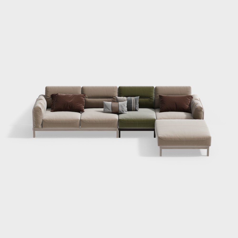 Modern beige and green sectional sofa with brown pillows on white background