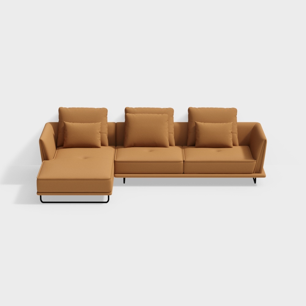 Modern brown fabric sectional sofa with chaise and black metal legs on white background