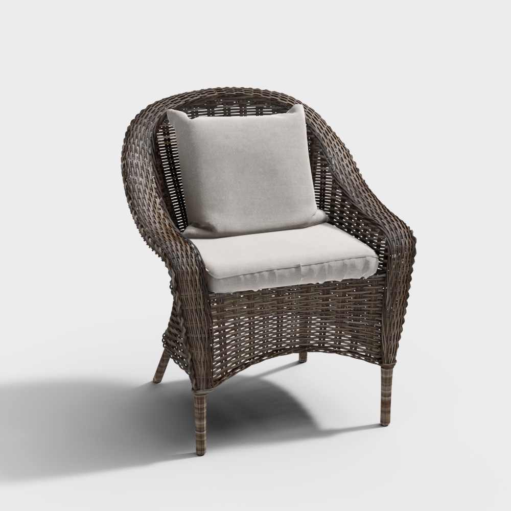 Dark brown woven wicker armchair with beige seat cushion and back pillow on white background