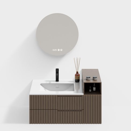 Modern brown wood bathroom vanity with white sink and round mirror on grey background
