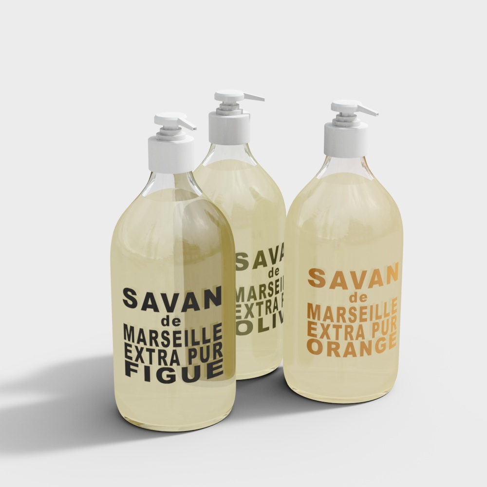 Three clear soap dispenser bottles with white pumps and labels on light grey background