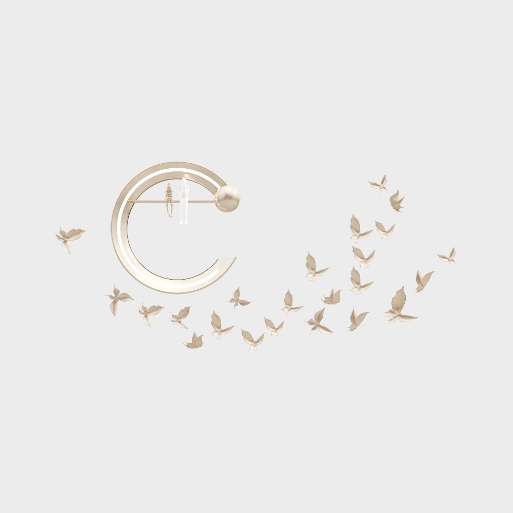 Modern gold ceiling light with ring and butterfly shapes on grey background