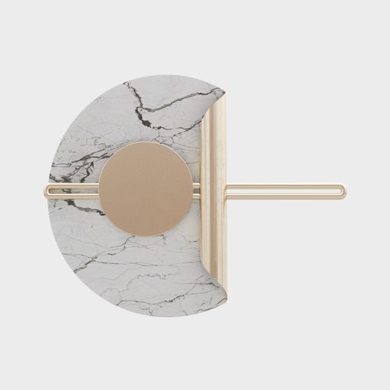 Modern wall light with white marble semi circle and gold metal frame on grey background