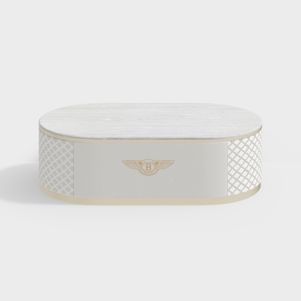 Modern oval coffee table with white marble top and gold logo on light grey background
