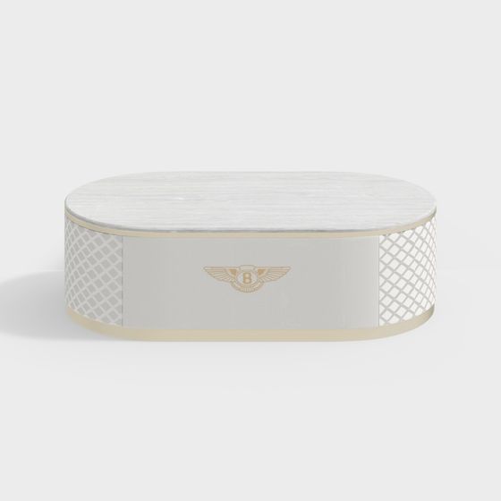 Modern oval coffee table with white marble top and gold logo on light grey background