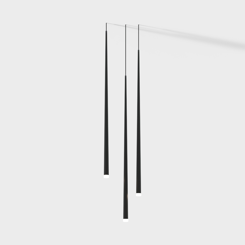 Modern black metal ceiling light with three long thin hanging rods on white background