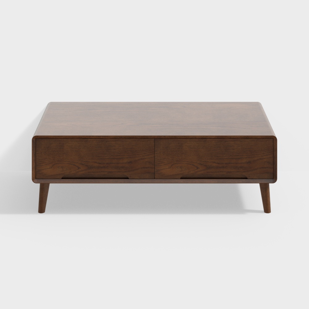 Modern dark brown wooden coffee table with two drawers and tapered legs on white background