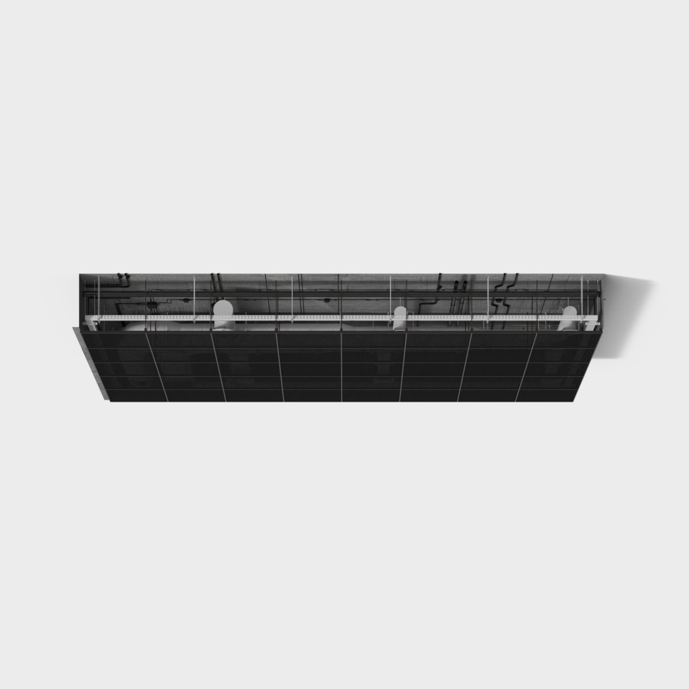 Modern black rectangular ceiling light fixture with exposed pipes and three white bulbs on grey background