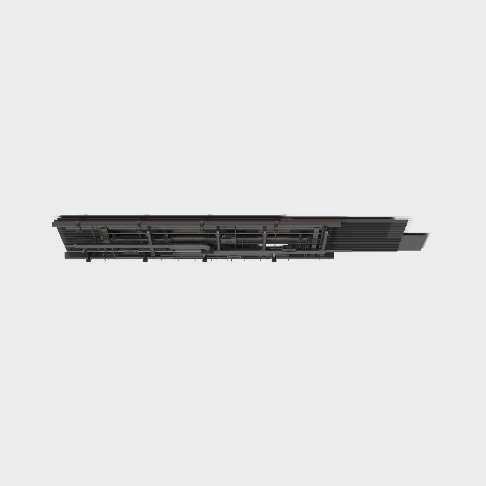 Modern black metal ceiling light fixture with rectangular frame and grid design on grey background